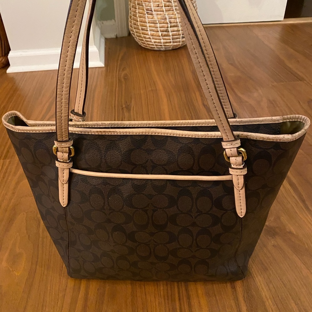 Coach Signature Brown Monogram Tote Tan Leather Shoulder Bag - Picture 2 of 16